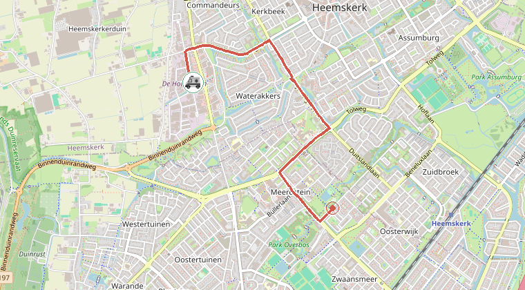 Kaart van de omgeving van de melding, met de kazerne die is gealarmeerd