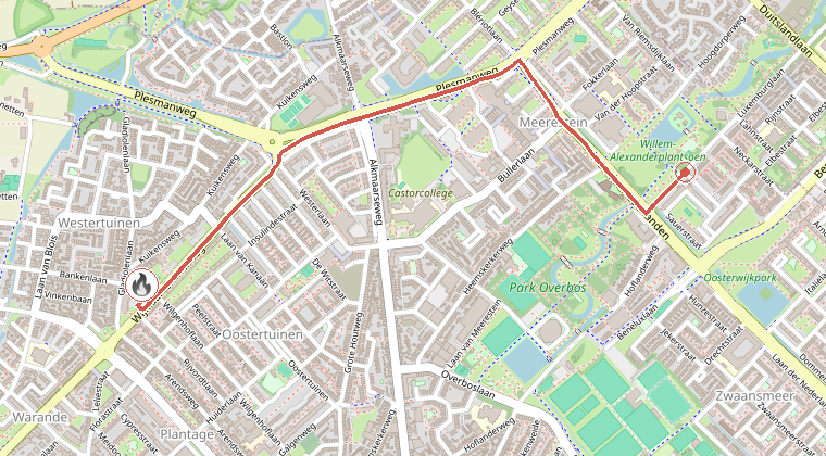 Kaart van de omgeving van de melding, met de kazerne die is gealarmeerd