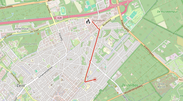 Kaart van de omgeving van de melding, met de kazerne die is gealarmeerd