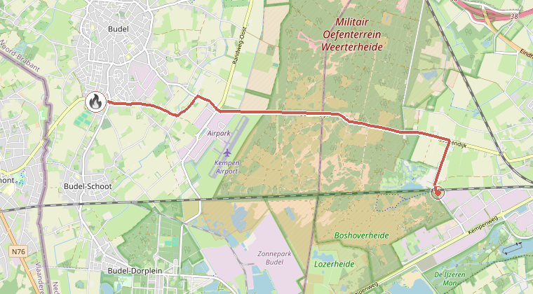 Kaart van de omgeving van de melding, met de kazerne die is gealarmeerd