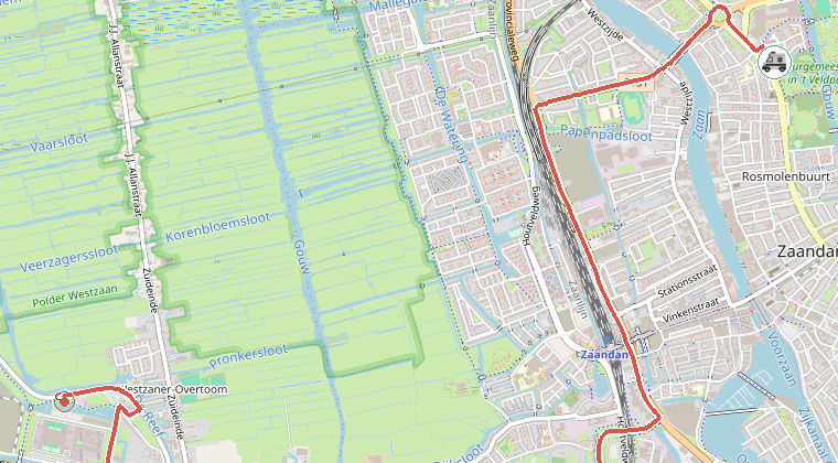Kaart van de omgeving van de melding, met de kazerne die is gealarmeerd