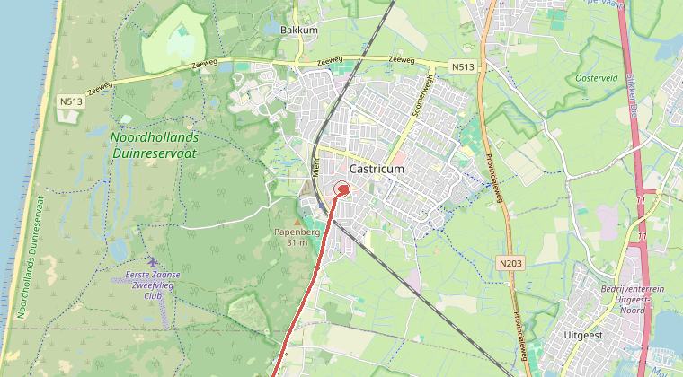 Kaart van de omgeving van de melding, met de kazerne die is gealarmeerd