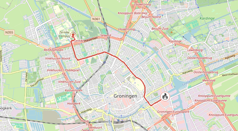 Kaart van de omgeving van de melding, met de kazerne die is gealarmeerd