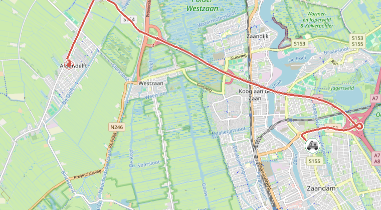 Kaart van de omgeving van de melding, met de kazerne die is gealarmeerd