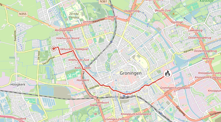 Kaart van de omgeving van de melding, met de kazerne die is gealarmeerd