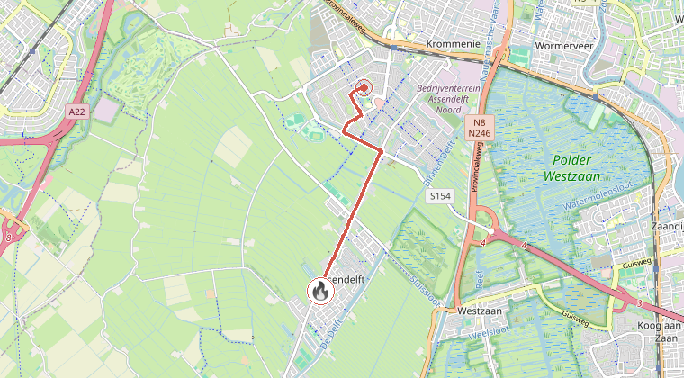 Kaart van de omgeving van de melding, met de kazerne die is gealarmeerd