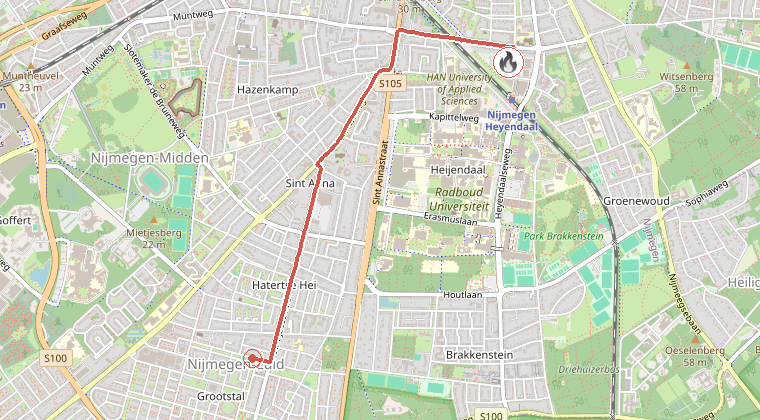 Kaart van de omgeving van de melding, met de kazerne die is gealarmeerd