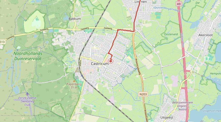 Kaart van de omgeving van de melding, met de kazerne die is gealarmeerd