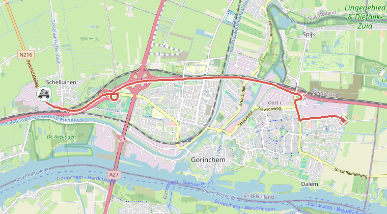 Kaart van de omgeving van de melding, met de kazerne die is gealarmeerd