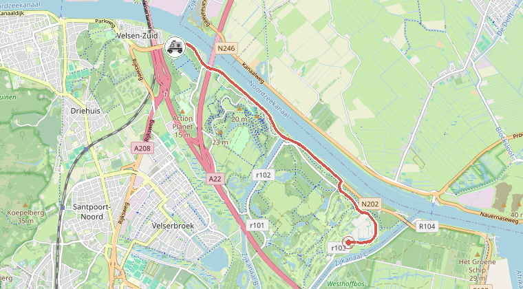 Kaart van de omgeving van de melding, met de kazerne die is gealarmeerd