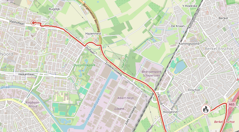 Kaart van de omgeving van de melding, met de kazerne die is gealarmeerd