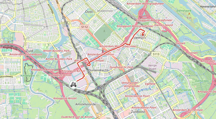 Kaart van de omgeving van de melding, met de kazerne die is gealarmeerd