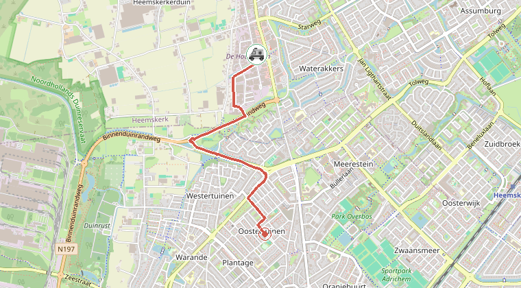 Kaart van de omgeving van de melding, met de kazerne die is gealarmeerd