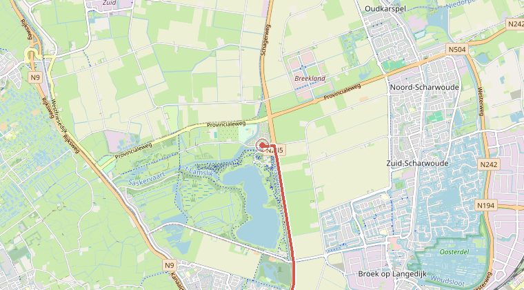 Kaart van de omgeving van de melding, met de kazerne die is gealarmeerd