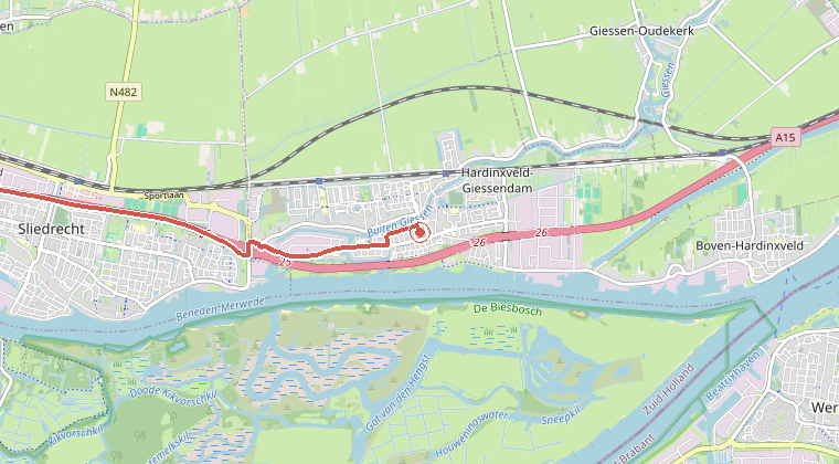 Kaart van de omgeving van de melding, met de kazerne die is gealarmeerd