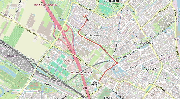Kaart van de omgeving van de melding, met de kazerne die is gealarmeerd