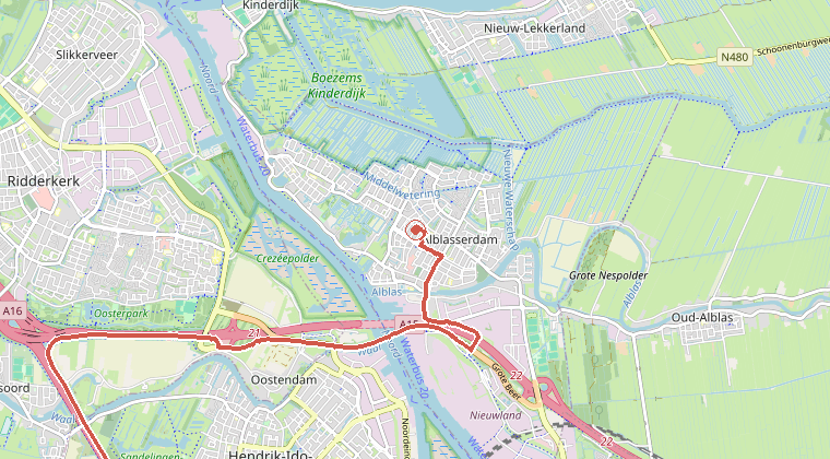 Kaart van de omgeving van de melding, met de kazerne die is gealarmeerd