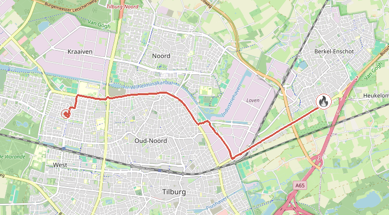 Kaart van de omgeving van de melding, met de kazerne die is gealarmeerd