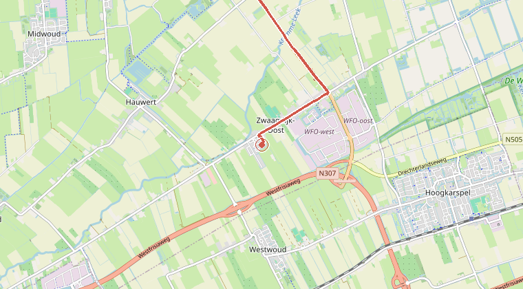 Kaart van de omgeving van de melding, met de kazerne die is gealarmeerd