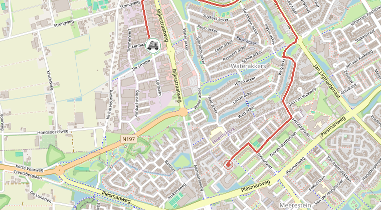 Kaart van de omgeving van de melding, met de kazerne die is gealarmeerd