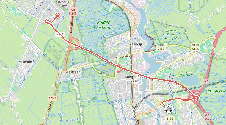 Kaart van de omgeving van de melding, met de kazerne die is gealarmeerd