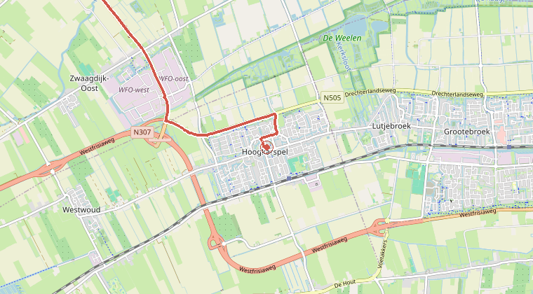 Kaart van de omgeving van de melding, met de kazerne die is gealarmeerd