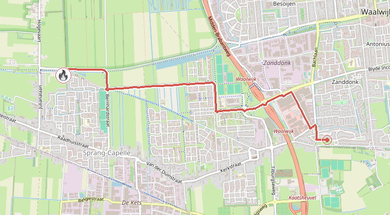 Kaart van de omgeving van de melding, met de kazerne die is gealarmeerd