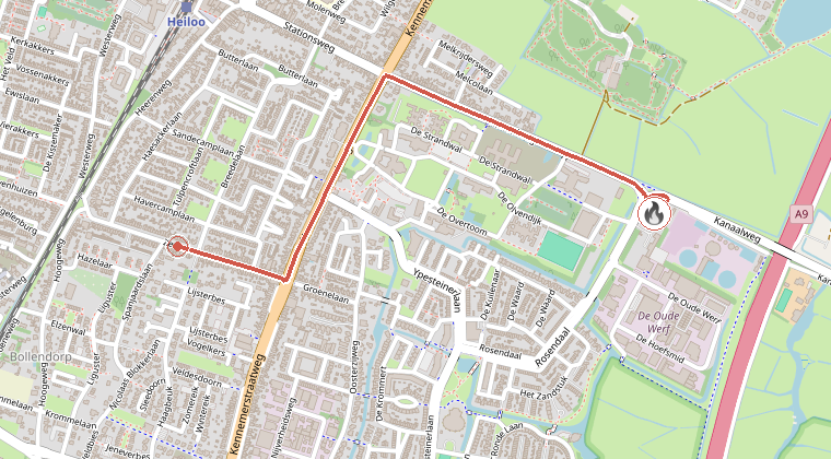 Kaart van de omgeving van de melding, met de kazerne die is gealarmeerd