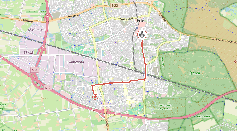 Kaart van de omgeving van de melding, met de kazerne die is gealarmeerd