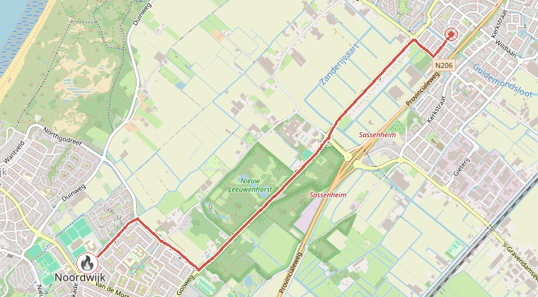 Kaart van de omgeving van de melding, met de kazerne die is gealarmeerd