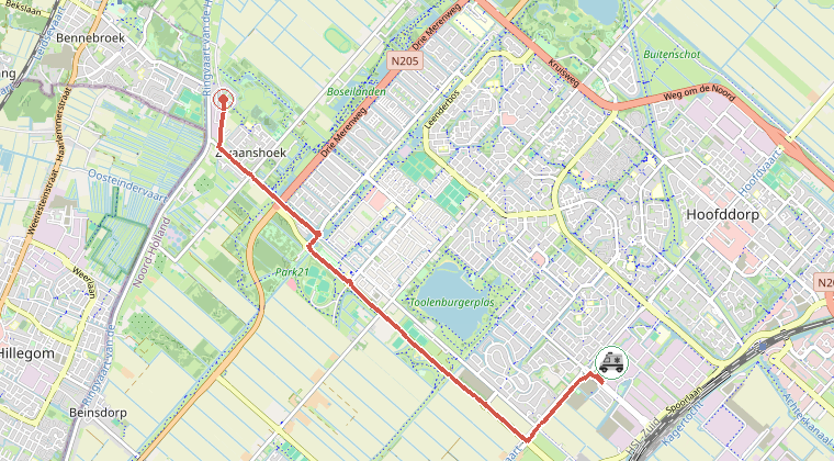 Kaart van de omgeving van de melding, met de kazerne die is gealarmeerd