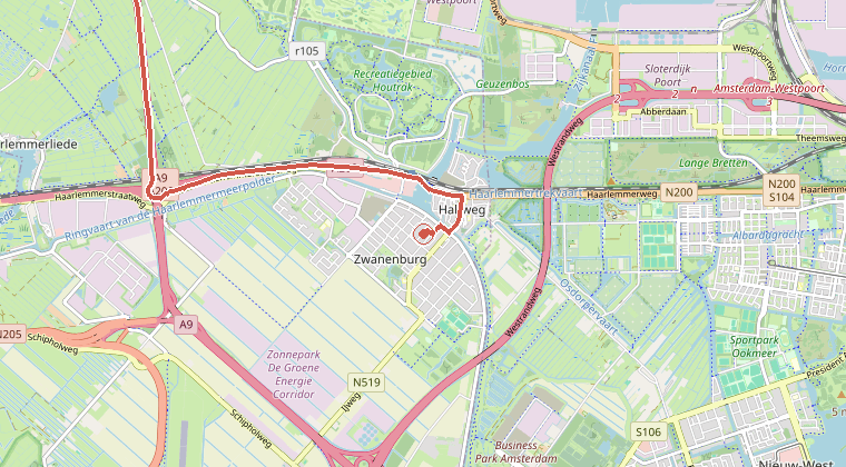 Kaart van de omgeving van de melding, met de kazerne die is gealarmeerd