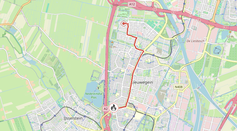 Kaart van de omgeving van de melding, met de kazerne die is gealarmeerd