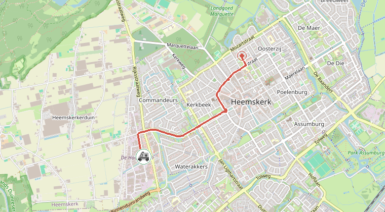 Kaart van de omgeving van de melding, met de kazerne die is gealarmeerd