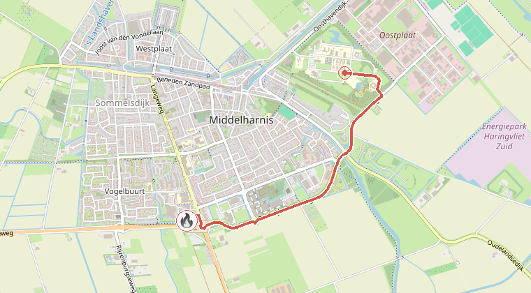 Kaart van de omgeving van de melding, met de kazerne die is gealarmeerd