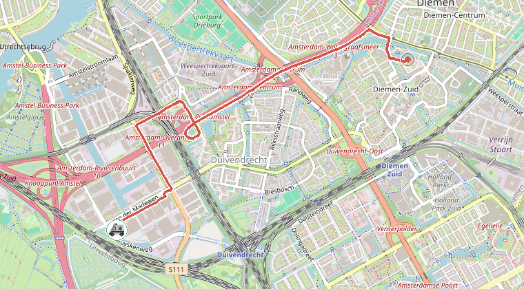 Kaart van de omgeving van de melding, met de kazerne die is gealarmeerd