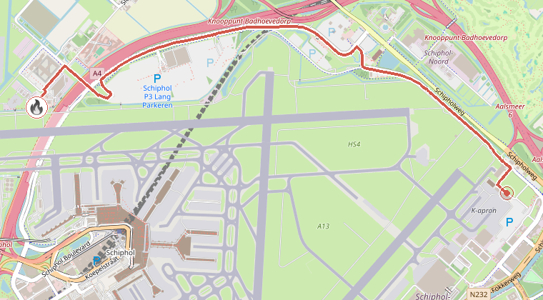 Kaart van de omgeving van de melding, met de kazerne die is gealarmeerd