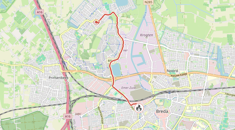 Kaart van de omgeving van de melding, met de kazerne die is gealarmeerd