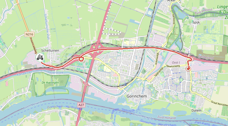 Kaart van de omgeving van de melding, met de kazerne die is gealarmeerd