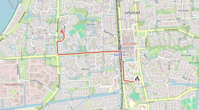 Kaart van de omgeving van de melding, met de kazerne die is gealarmeerd