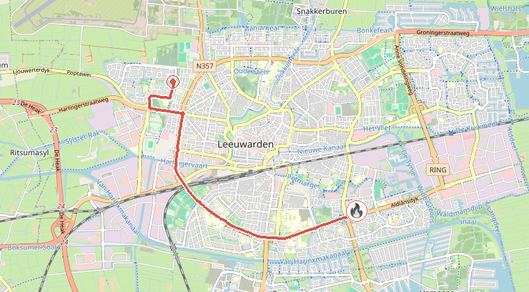 Kaart van de omgeving van de melding, met de kazerne die is gealarmeerd