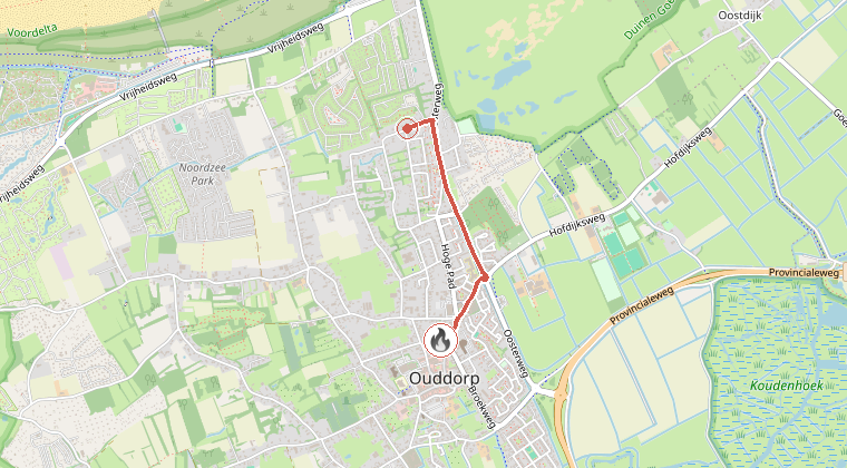 Kaart van de omgeving van de melding, met de kazerne die is gealarmeerd