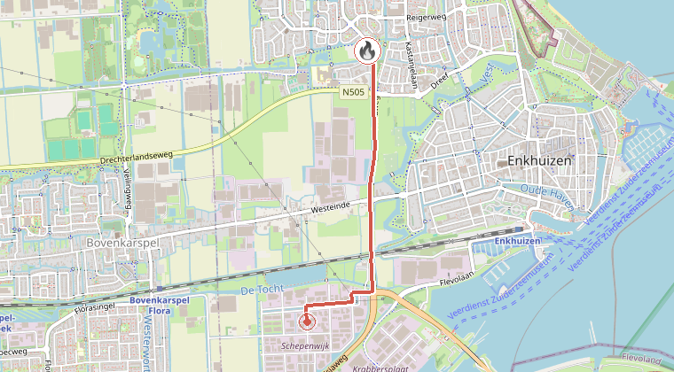 Kaart van de omgeving van de melding, met de kazerne die is gealarmeerd
