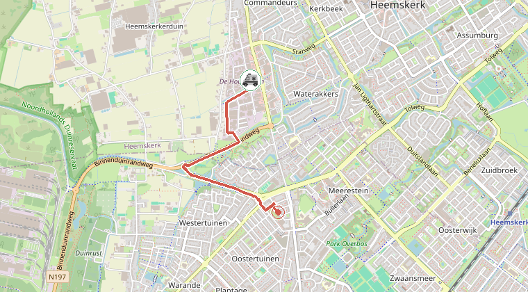 Kaart van de omgeving van de melding, met de kazerne die is gealarmeerd