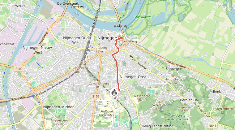 Kaart van de omgeving van de melding, met de kazerne die is gealarmeerd