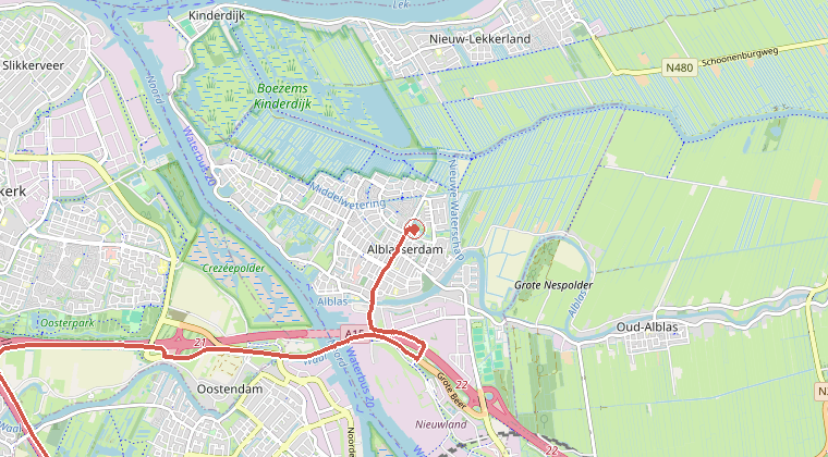 Kaart van de omgeving van de melding, met de kazerne die is gealarmeerd