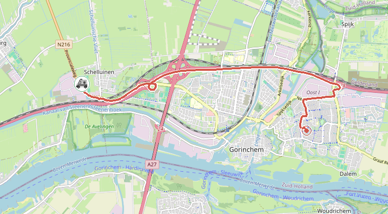 Kaart van de omgeving van de melding, met de kazerne die is gealarmeerd