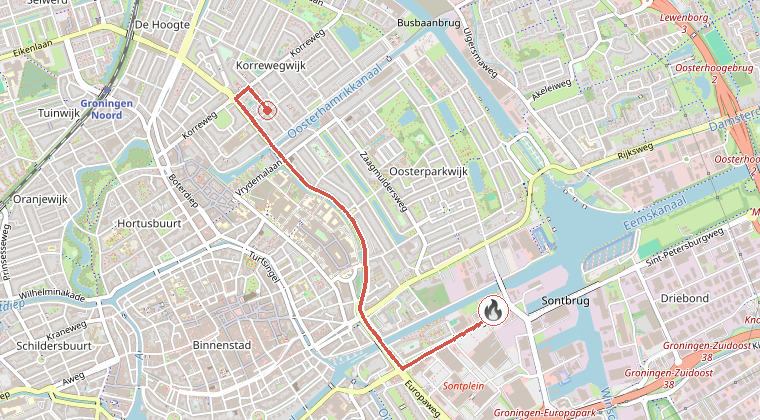Kaart van de omgeving van de melding, met de kazerne die is gealarmeerd
