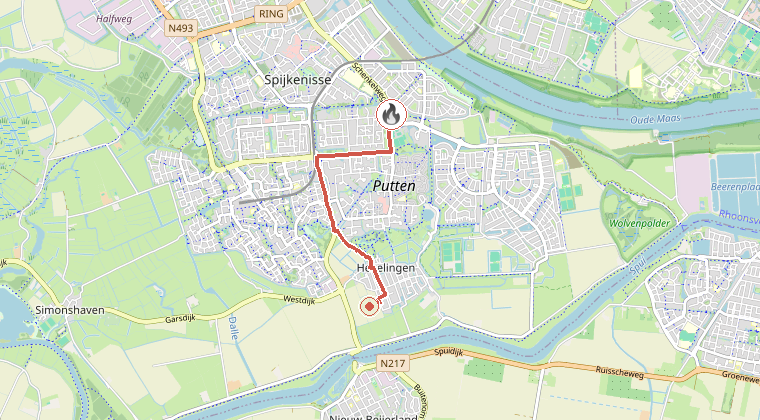 Kaart van de omgeving van de melding, met de kazerne die is gealarmeerd