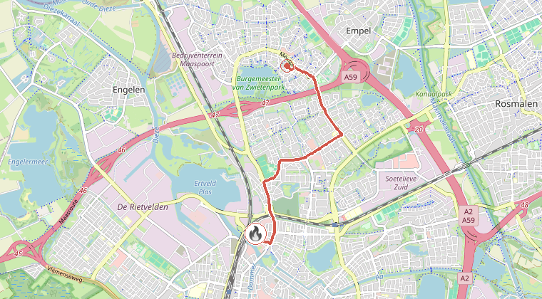 Kaart van de omgeving van de melding, met de kazerne die is gealarmeerd